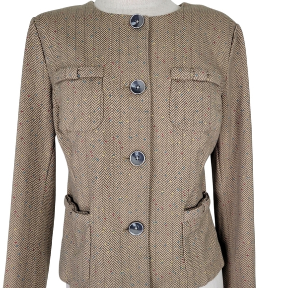 CAbi Herringbone Blazer Size M Brown Speckle Fleck Penny 2 Chest 2 Patch Pockets - Picture 3 of 12
